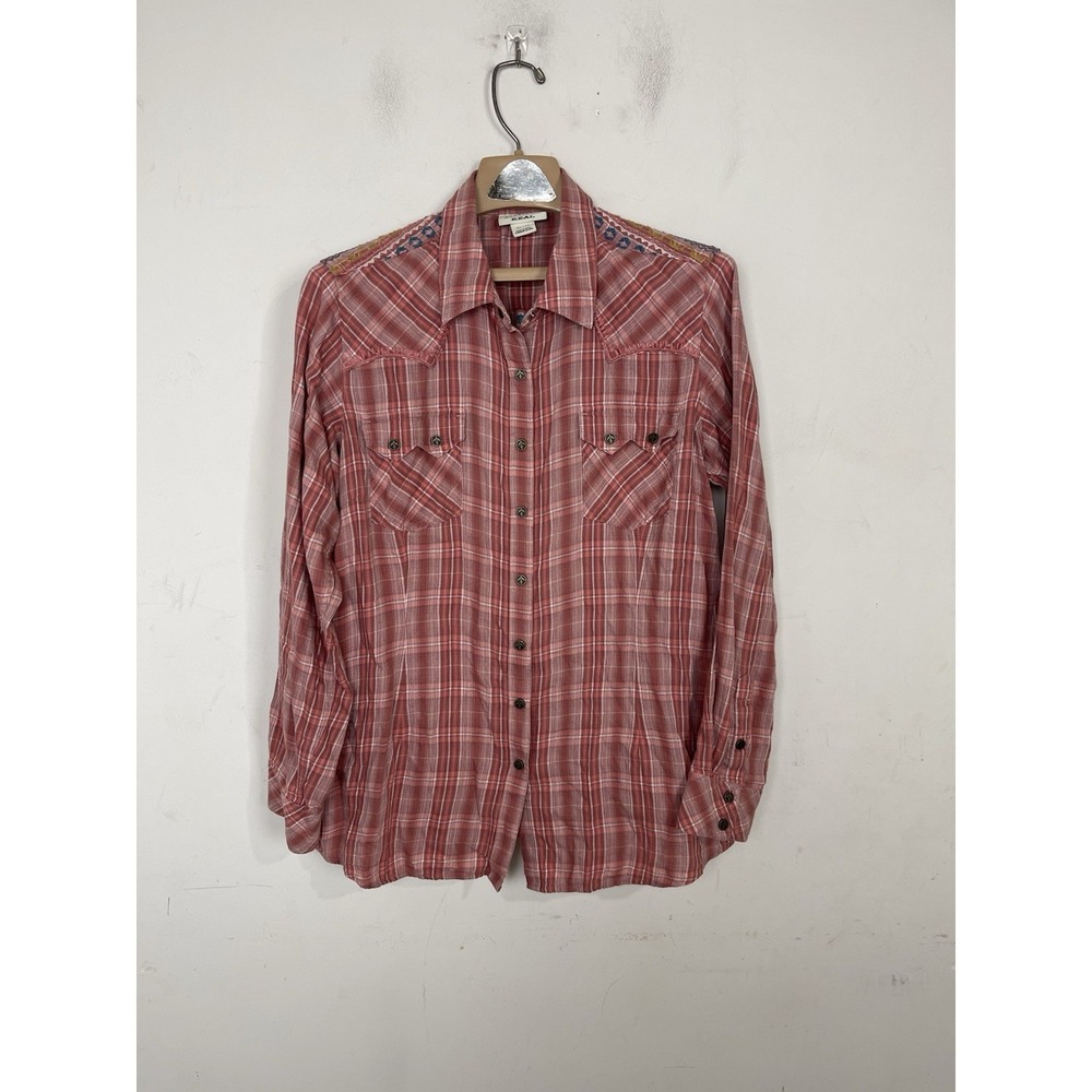 Ariat REAL Womens XL Red Plaid Embroidered Thunderbird Western Snap Front Shirt